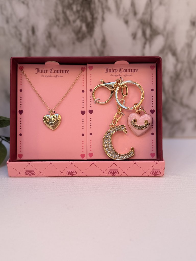 Juicy Couture Necklace Keychain Set Gold Heart Initial C Charm Rhinestone Gift